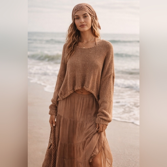 Miou Muse| Chunky Cocoa Knit Sweater| Sz L| Lagenlook, Resort, Festival, Beach - Picture 2 of 10